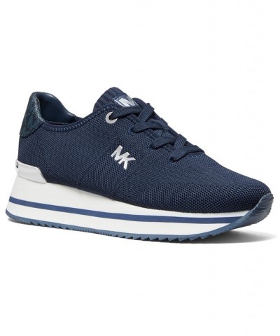 Women's Monique Knit Trainer Lace-Up Retro Running Sneakers Blue $57.12 Shoes