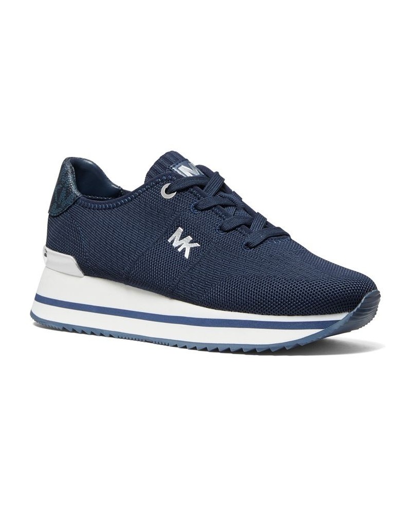 Women's Monique Knit Trainer Lace-Up Retro Running Sneakers Blue $57.12 Shoes