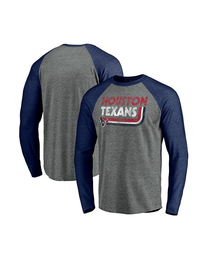 Men's Branded Heathered Gray and Heathered Navy Houston Texans Vintage-Like On The Ropes Raglan Tri-Blend Long Sleeve T-shirt...