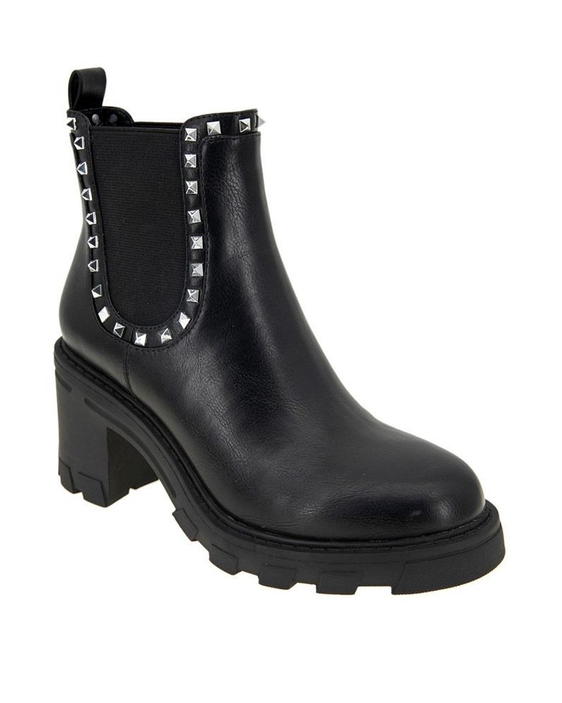 Women's Trista Lug Sole Studded Chelsea Bootie Black $26.92 Shoes