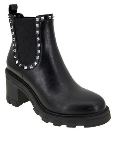 Women's Trista Lug Sole Studded Chelsea Bootie Black $26.92 Shoes