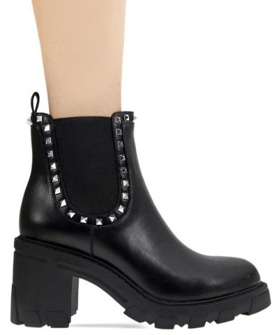 Women's Trista Lug Sole Studded Chelsea Bootie Black $26.92 Shoes