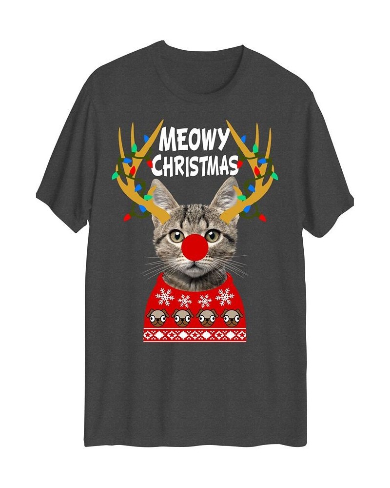 Hybrid Men's Meowy Christmas Short Sleeve T-shirt Gray $15.98 T-Shirts