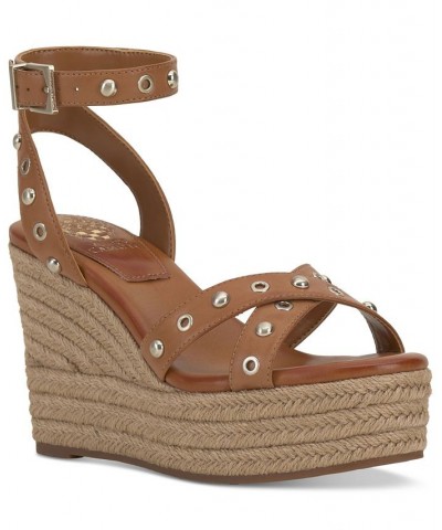 Feegella Studded Ankle-Strap Platform Wedge Sandals Brown $56.99 Shoes