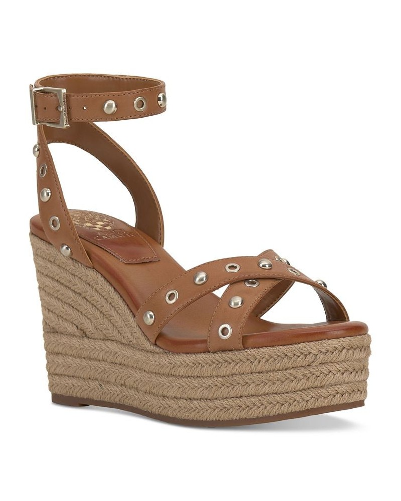 Feegella Studded Ankle-Strap Platform Wedge Sandals Brown $56.99 Shoes