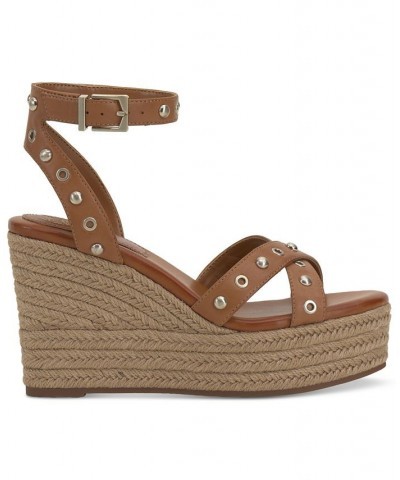 Feegella Studded Ankle-Strap Platform Wedge Sandals Brown $56.99 Shoes