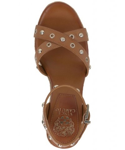 Feegella Studded Ankle-Strap Platform Wedge Sandals Brown $56.99 Shoes