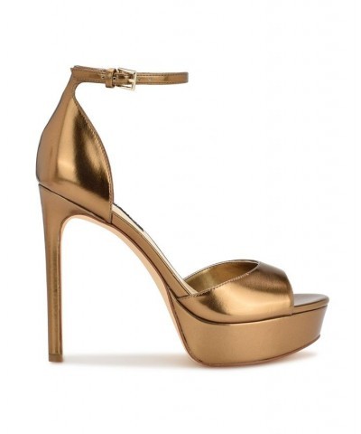 Women's Grilo Stiletto Platform Dress Sandals Gold $52.32 Shoes