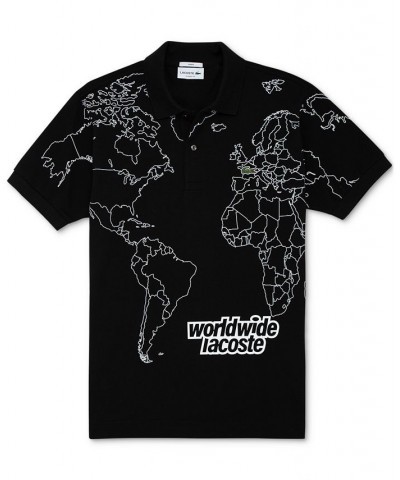 Men's Short-Sleeve World Map Graphic Polo Black $58.90 Polo Shirts