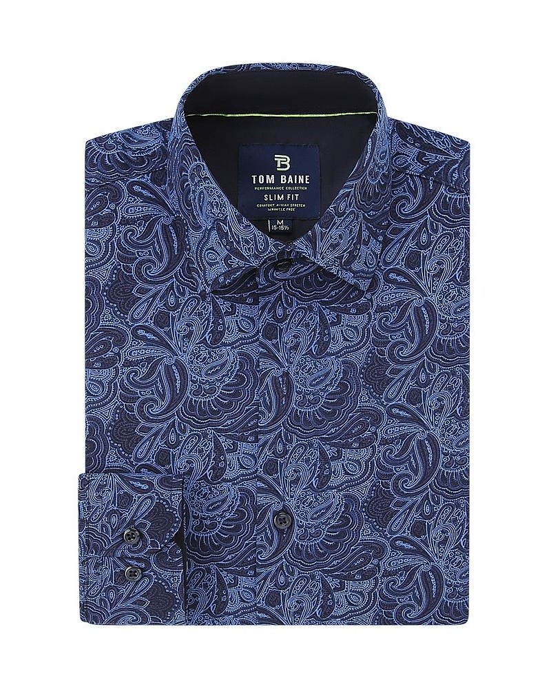 Men's Slim Fit Performance Long Sleeve Button Down Dress Shirt Navy Paisley $24.29 Dress Shirts