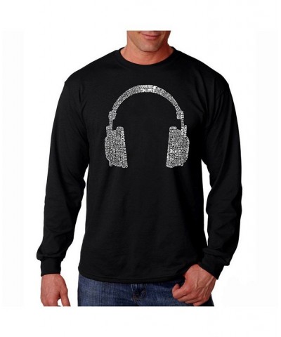 Men's Word Art Long Sleeve T-Shirt- Headphones - 63 Genres of Music Black $22.79 T-Shirts