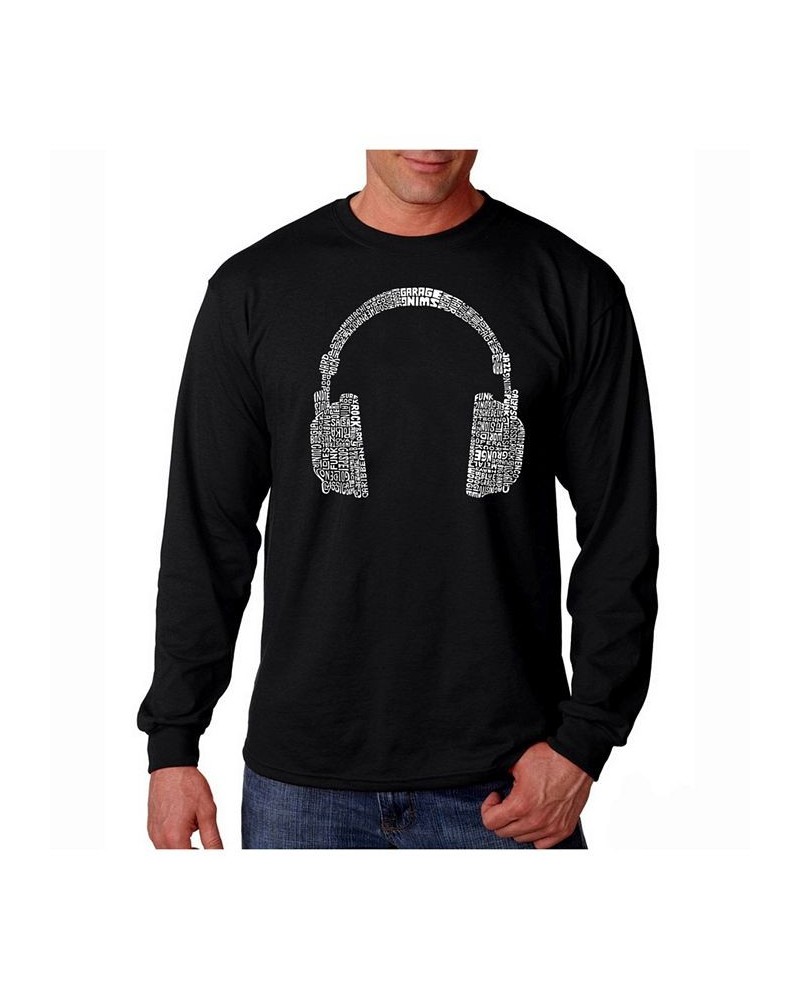 Men's Word Art Long Sleeve T-Shirt- Headphones - 63 Genres of Music Black $22.79 T-Shirts