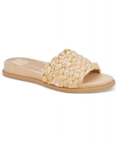 Women's Grazie Imitation Pearl Woven Slide Sandals Tan/Beige $36.00 Shoes