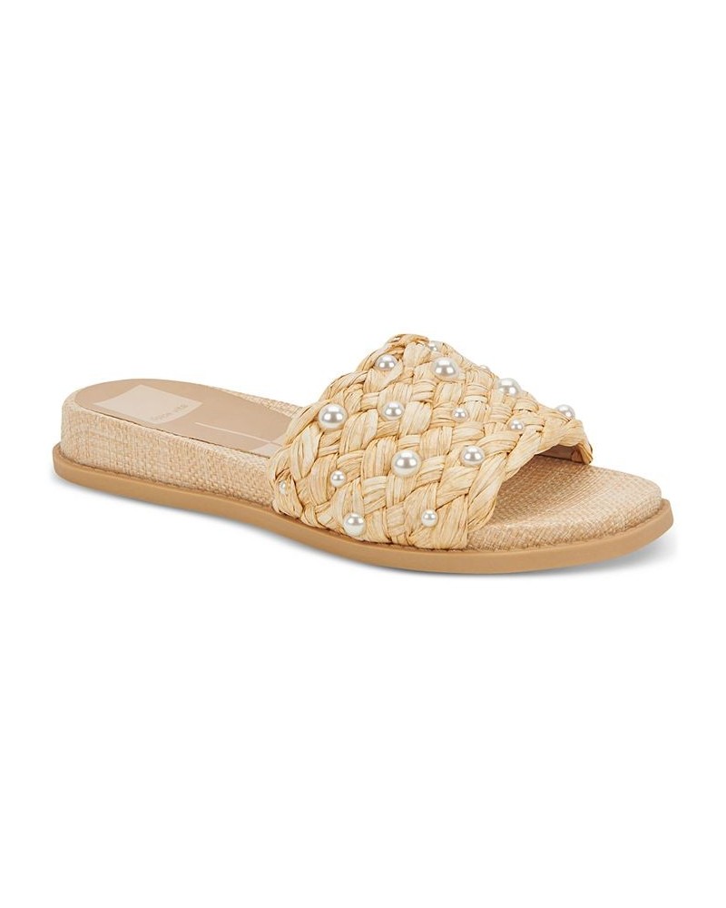 Women's Grazie Imitation Pearl Woven Slide Sandals Tan/Beige $36.00 Shoes