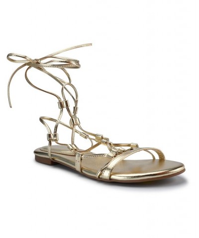 Women's Button Ankle Wrap Flat Sandals Gold $41.83 Shoes